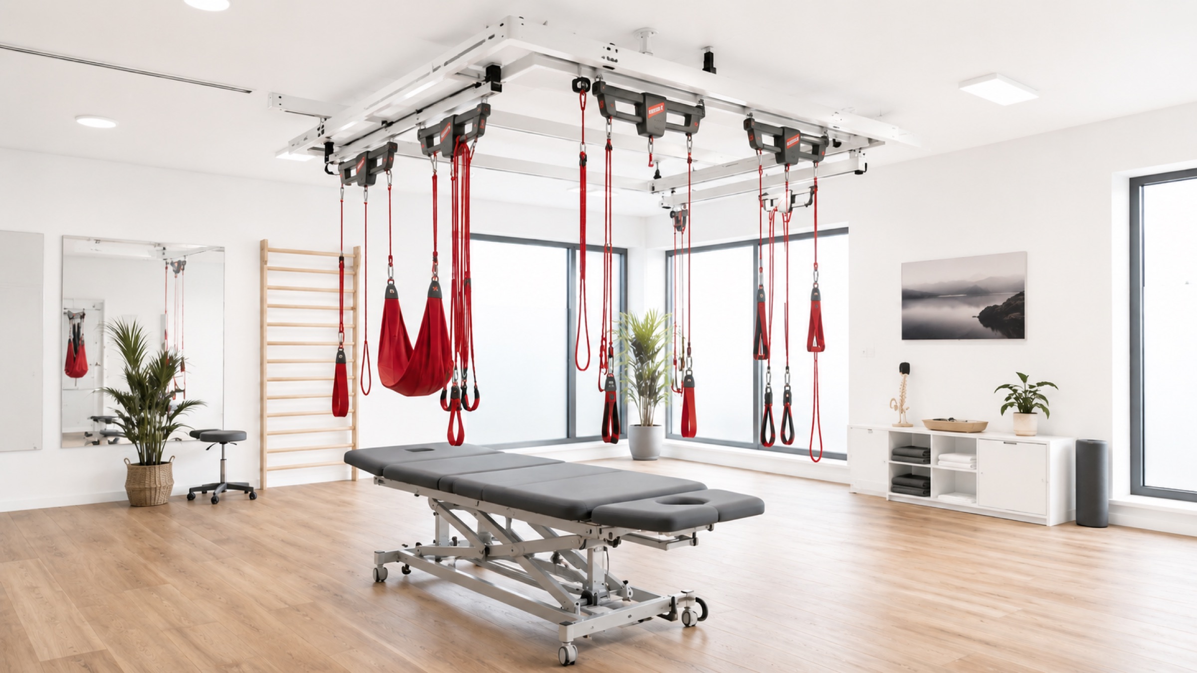 A Redcord suspension system installed in a bright physiotherapy clinic room