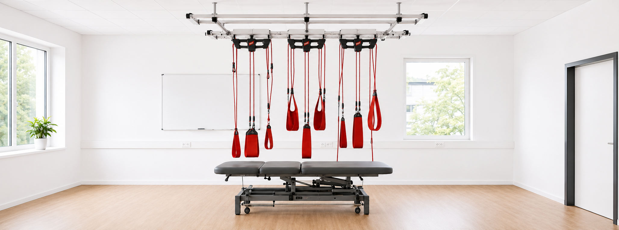 The Redcord Workstation Professional set up in a clinic, with ceiling-mounted trainers, red slings and a treatment table